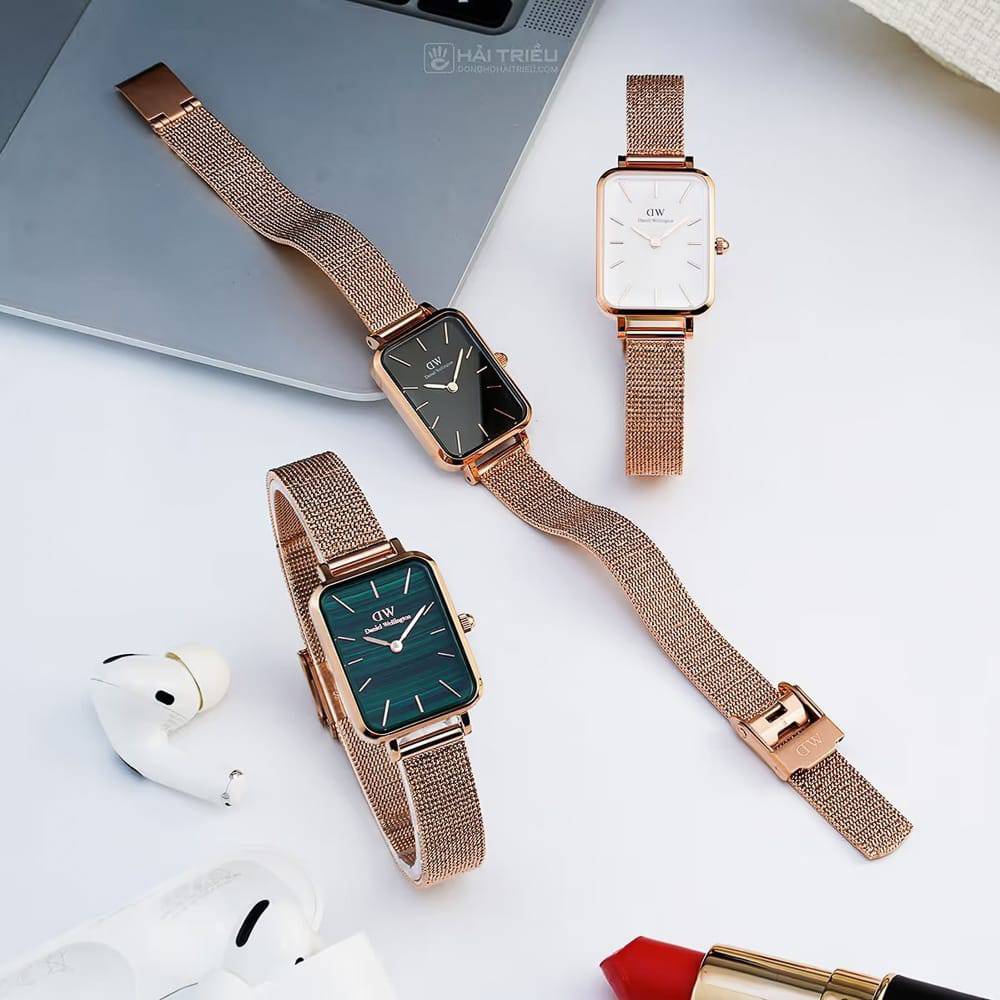 Daniel Wellington Quadro Melrose Green Dial Rose Gold Mesh Strap Watch For Women - DW00100437