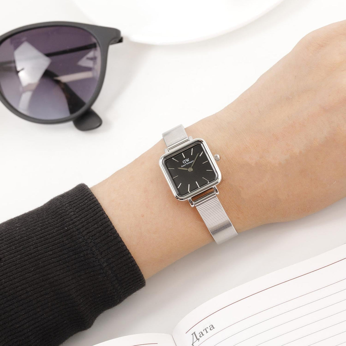 Daniel Wellington Quadro Studio Black Dial Silver Mesh Strap Watch For Women - DW00100522