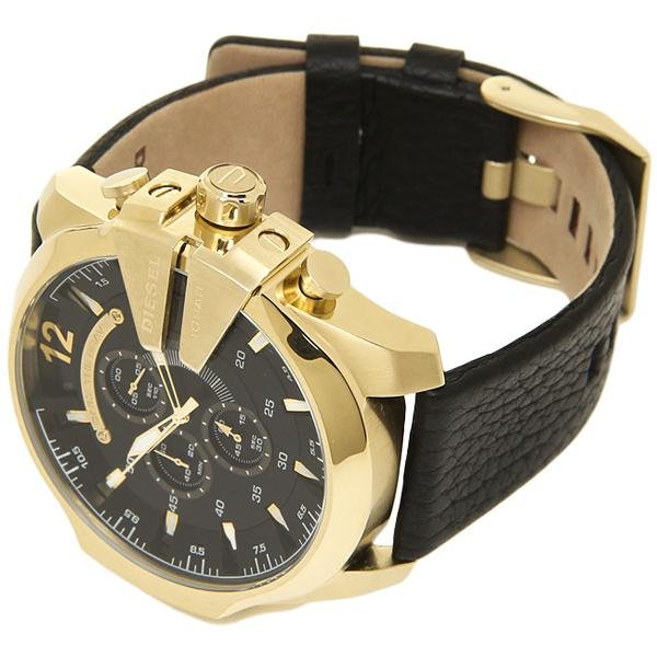 Diesel Mega Chief Chronograph Black Dial Black Leather Strap Watch For Men - DZ4344