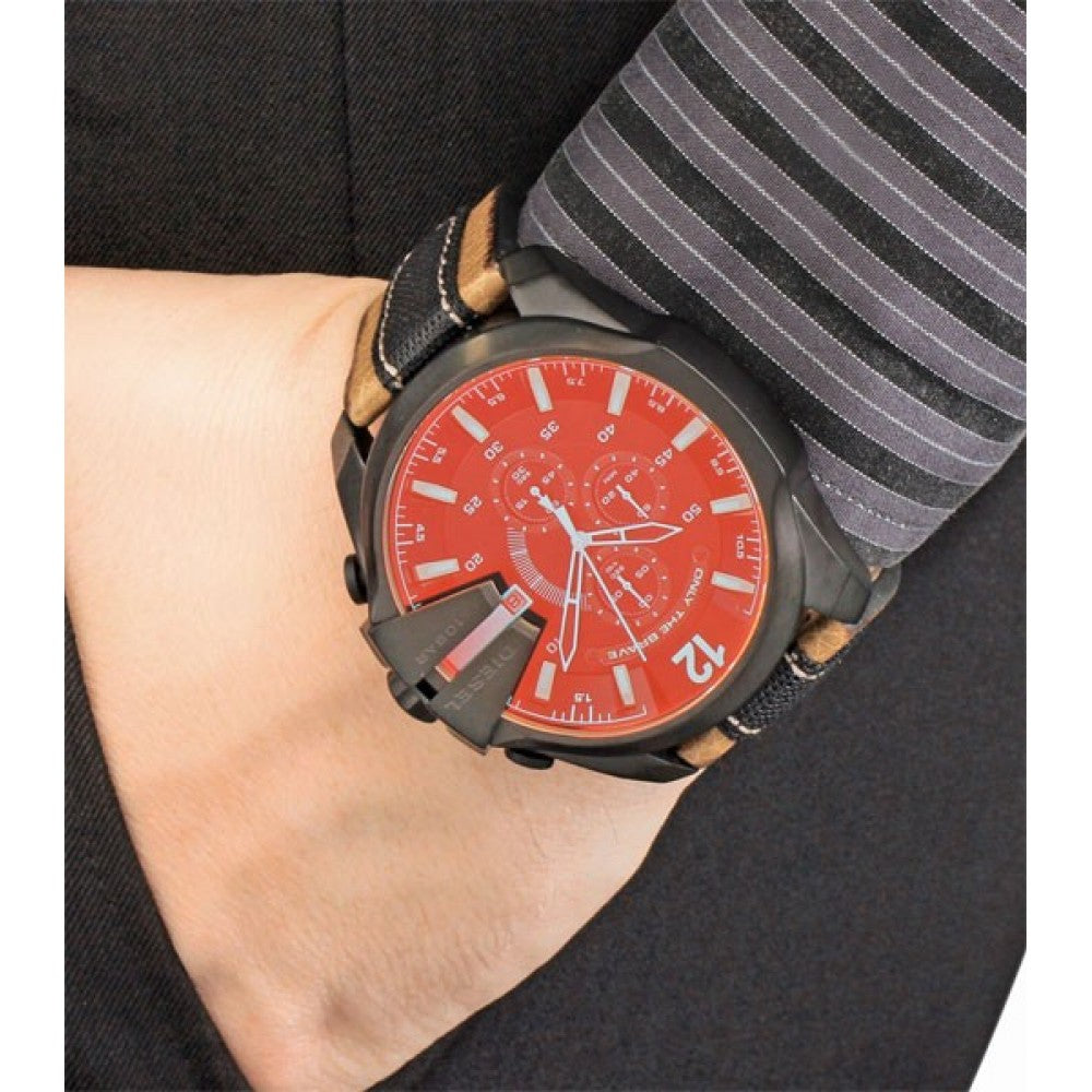 Diesel Mega Chief Quartz Black Dial Two Tone Leather Strap Watch For Men - DZ4305