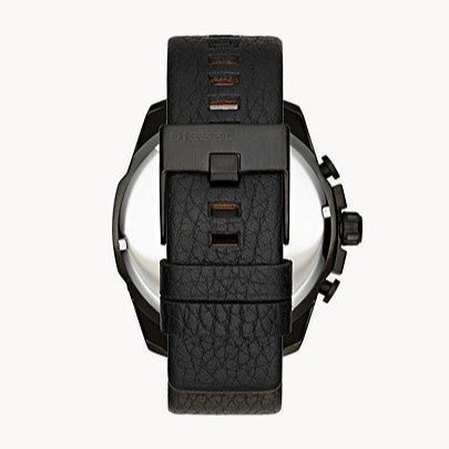 Diesel Mega Chief Chronograph Black Dial Black Leather Strap Watch For Men - DZ4323