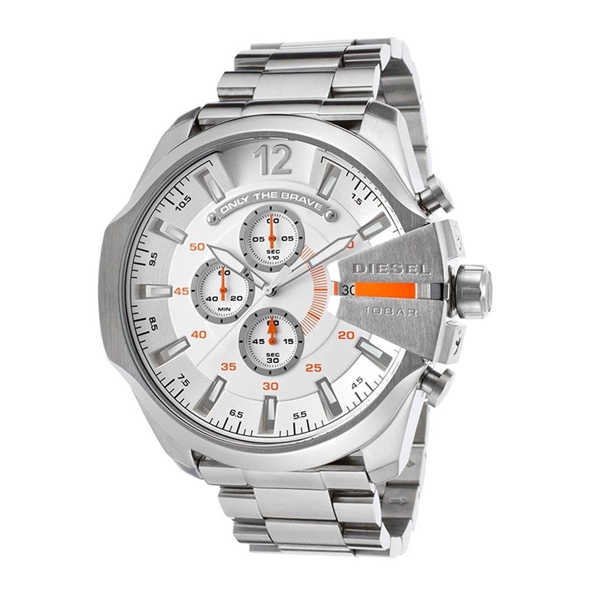 Diesel Mega Chief Chronograph White Dial Silver Steel Strap Watch For Men - DZ4328