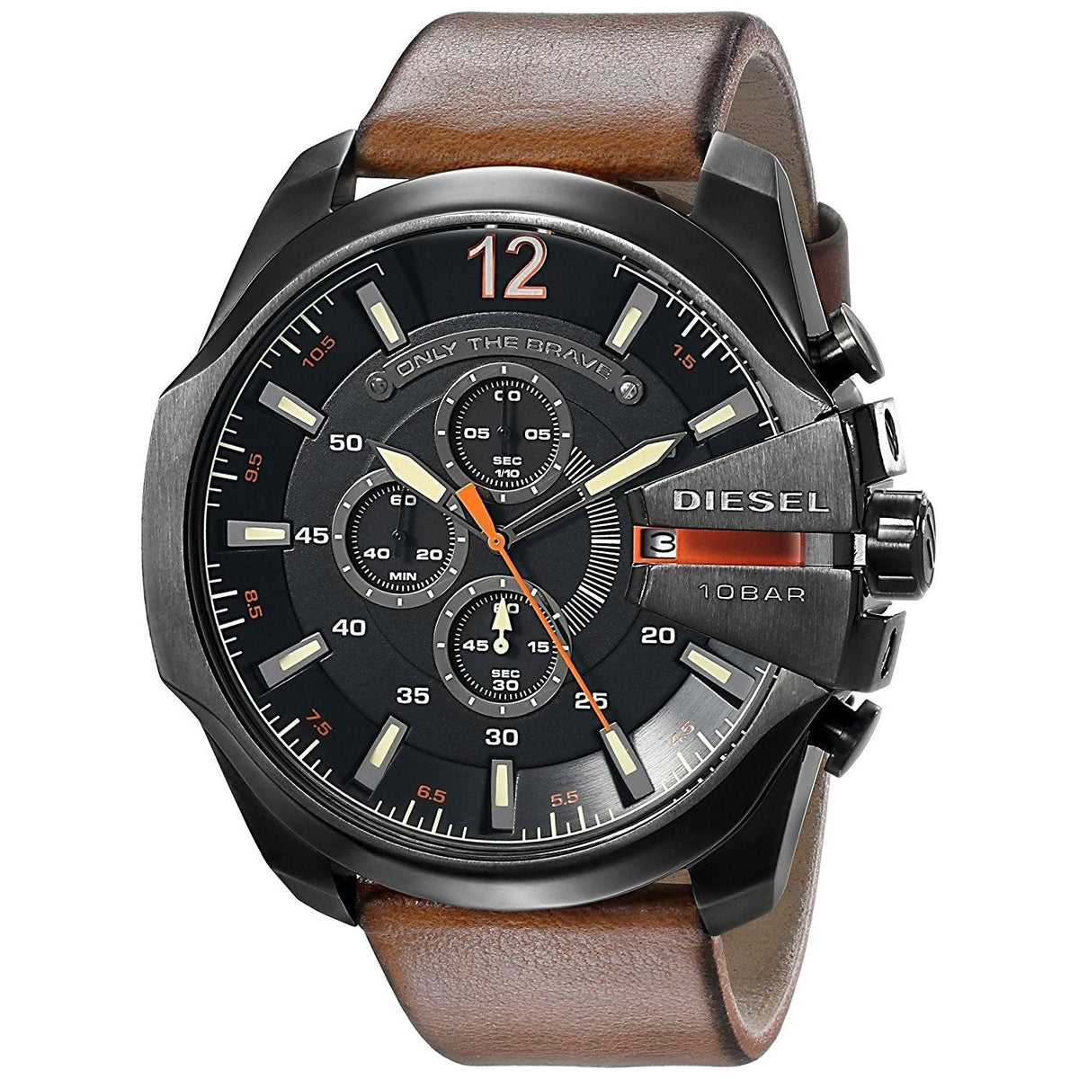 Diesel Mega Chief Chronograph Black Dial Brown Leather Strap Watch For Men - DZ4343