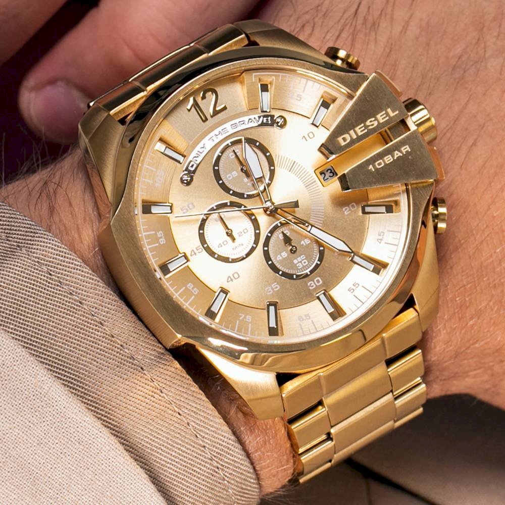 Diesel Mega Chief Chronograph Gold Dial Gold Steel Strap Watch For Men - DZ4360