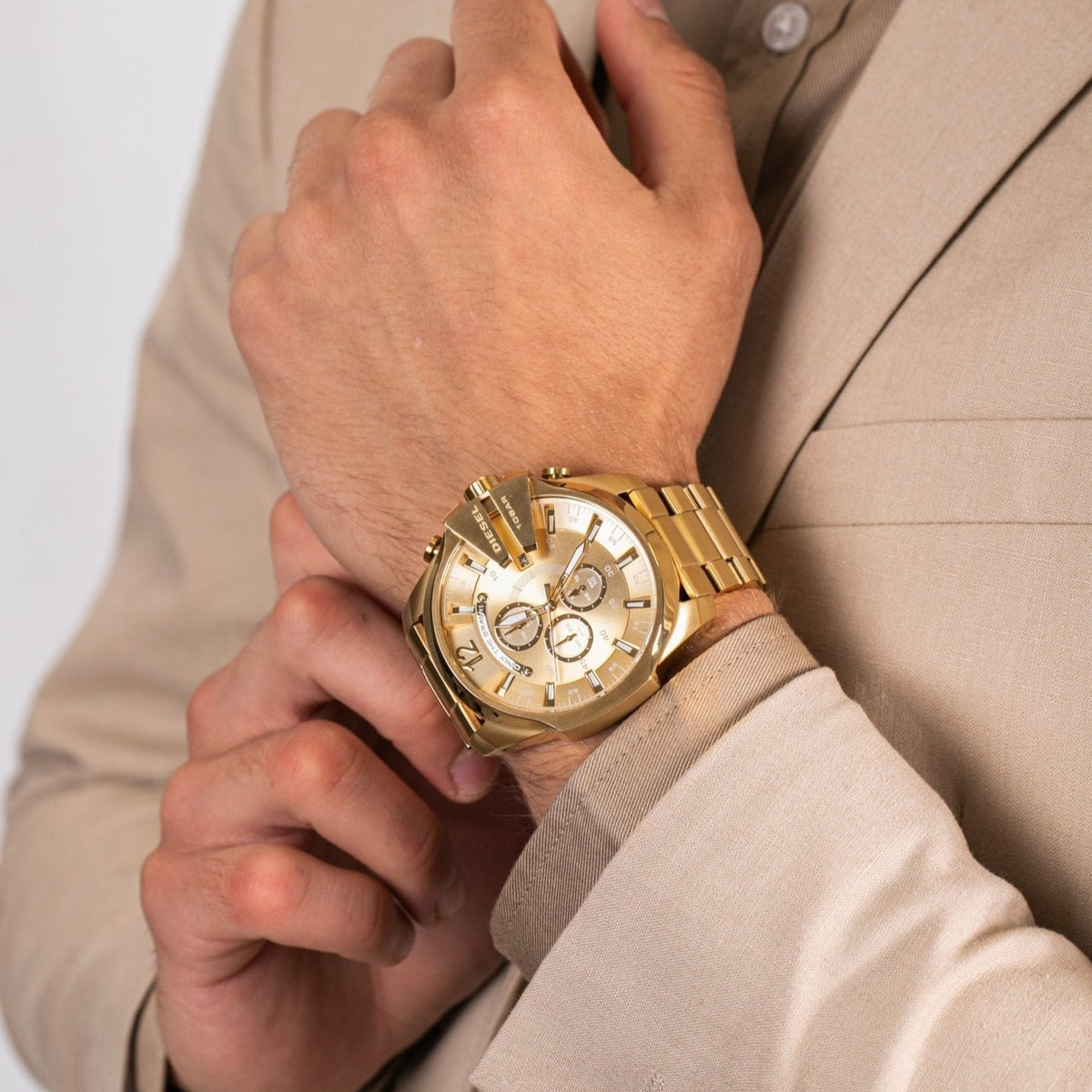 Diesel Mega Chief Chronograph Gold Dial Gold Steel Strap Watch For Men - DZ4360