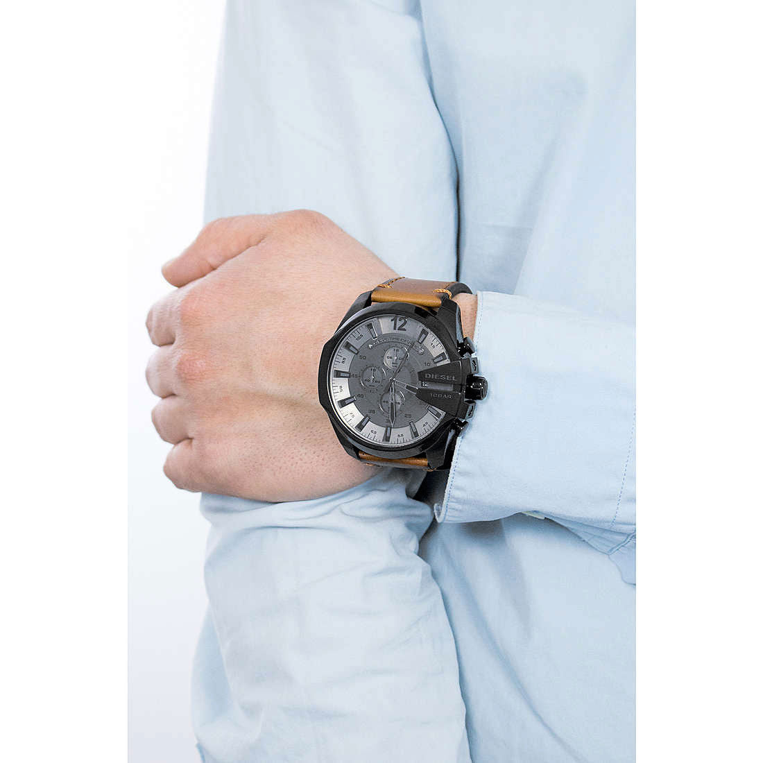 Diesel Mega Chief Chronograph Grey Dial Brown Leather Strap Watch For Men - DZ4463