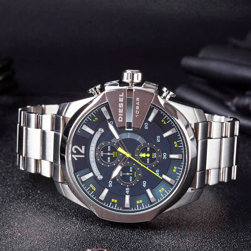 Diesel Mega Chief Chronograph Blue Dial Silver Steel Strap Watch For Men - DZ4465