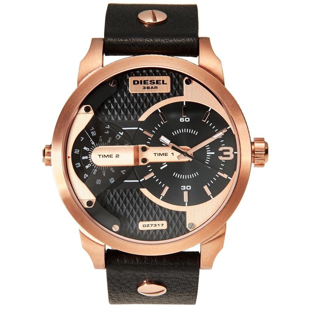 Diesel Mini Daddy Dual Time Black & Gold Dial Black Leather Strap Watch For Men - DZ7317