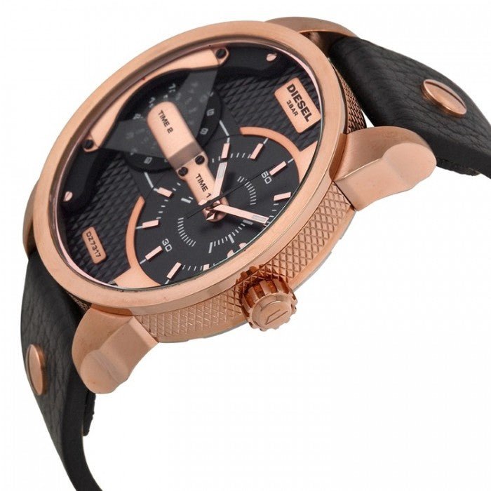 Diesel Mini Daddy Dual Time Black & Gold Dial Black Leather Strap Watch For Men - DZ7317