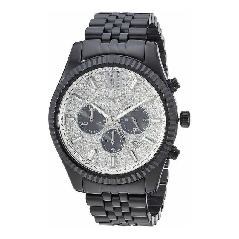 Michael Kors Lexington Chronograph Crystals Silver Dial Black Steel Strap Watch for Men - MK8605