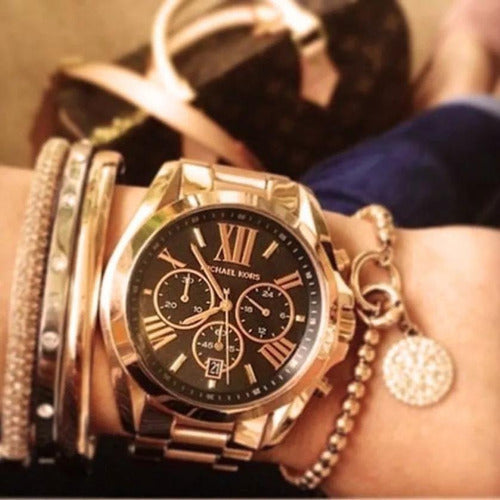 Michael Kors Bradshaw Black Dial Rose Gold Steel Strap Watch for Women - MK5854