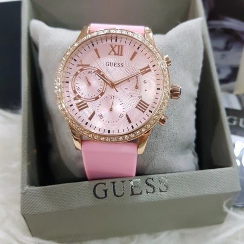 Guess Solar Rose Gold Dial Pink Rubber Strap Watch For Women - W1135L2