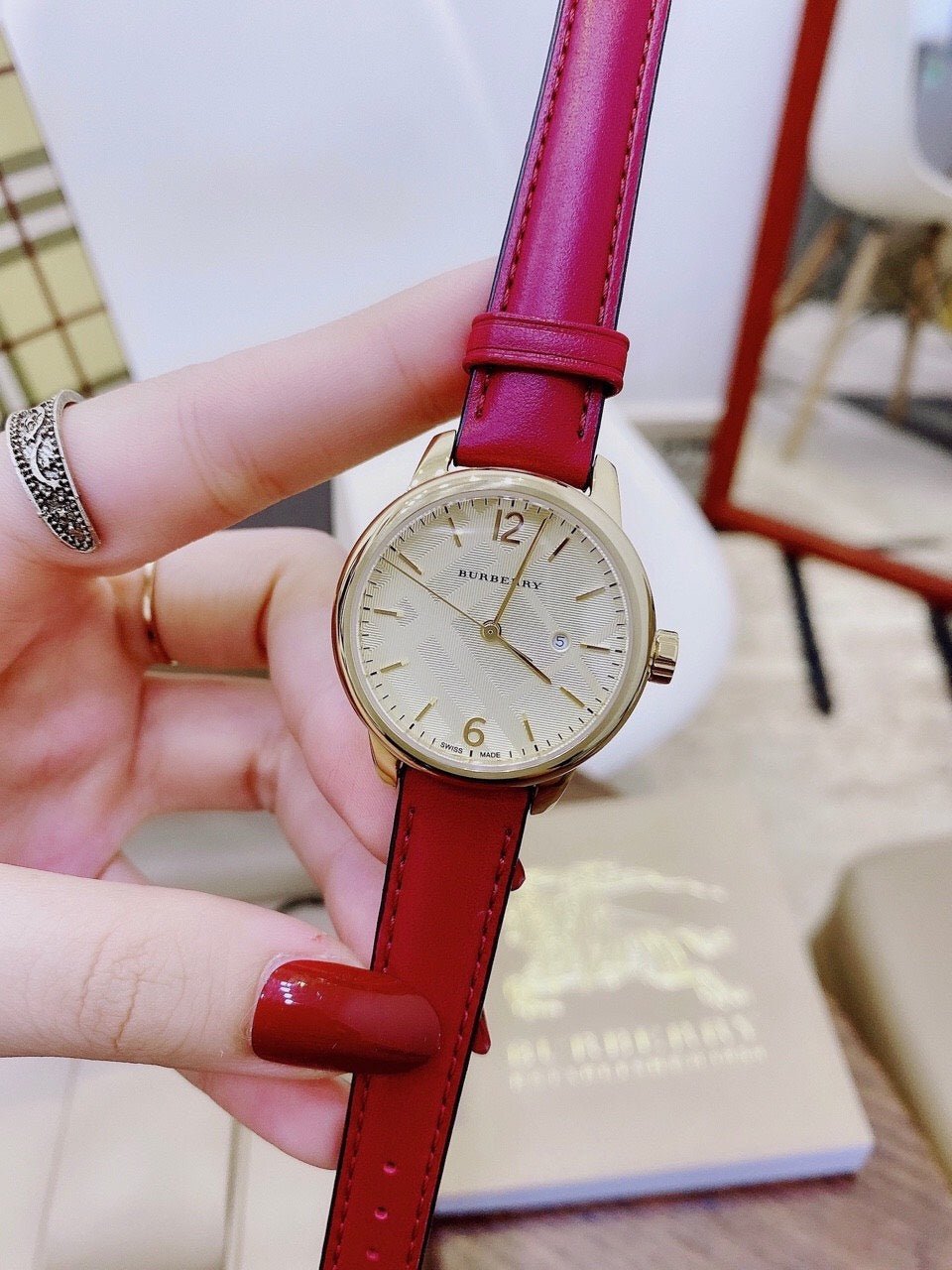 Burberry The Classic Gold Dial Red Leather Strap Watch for Women - BU10102