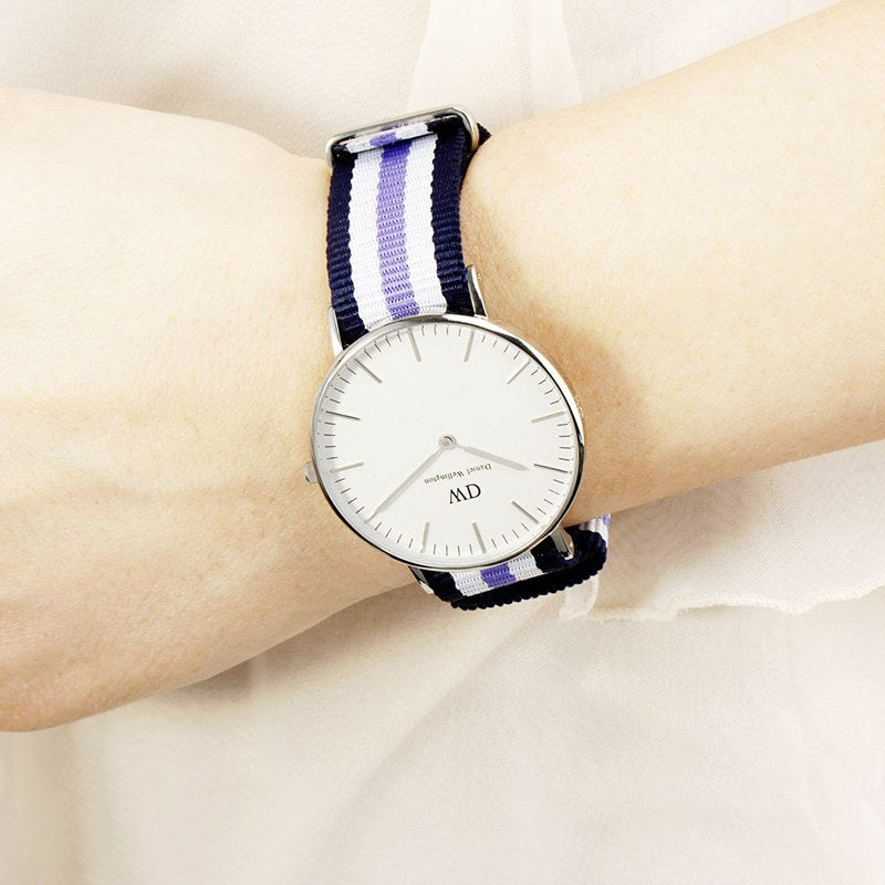  Shop Authentic Daniel Wellington Classic Trinity White Dial Three Tone Nylon Strap Watch For Women - 0609DW - Luxxuri