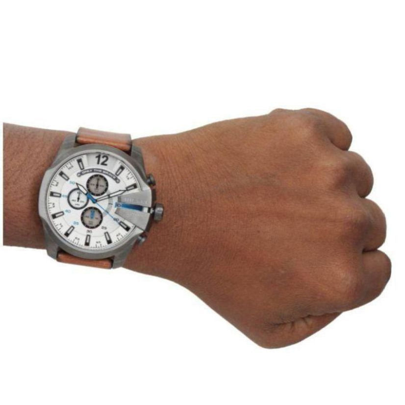 Diesel Mega Chief Chronograph White Dial Brown Leather Strap Watch For Men - DZ4280