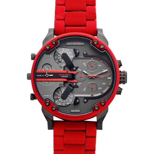 Diesel Mr Daddy 2.0 Chronograph Black Dial Red Silicone Strap Watch For Men - DZ7370