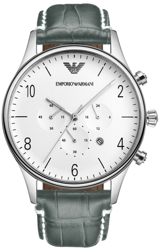 Emporio Armani Classic Chronograph Silver Dial Grey Leather Strap Watch For Men - AR1861