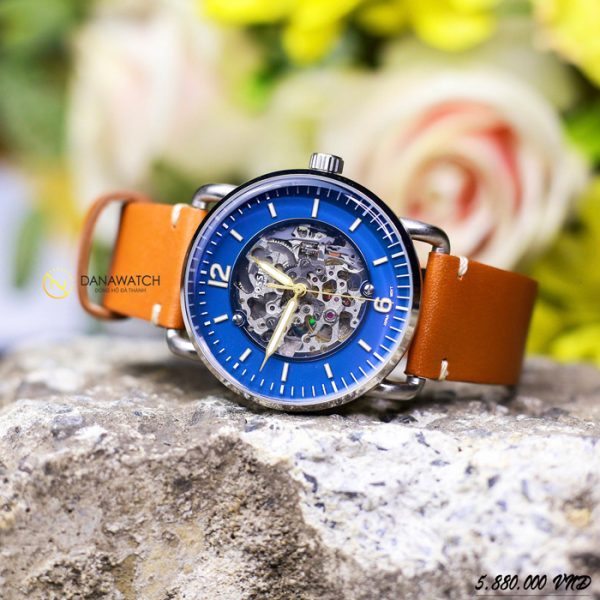 Fossil Commuter Automatic Skeleton Blue Dial Brown Leather Strap Watch for Men - ME3159