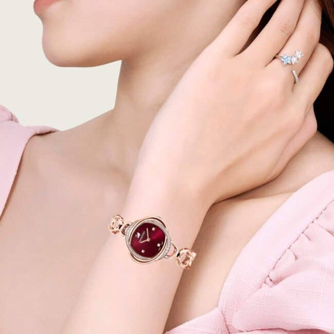 Swarovski Crystal Flower Red Dial Rose Gold Steel Strap Watch for Women - 5552783