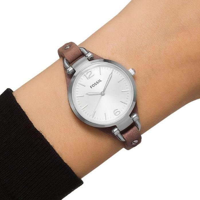 Fossil Georgia White Dial Brown Leather Strap Watch for Women - ES3060