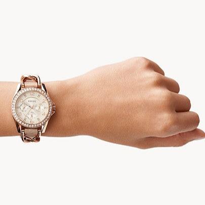 Fossil Riley White Dial Beige Leather Strap Watch for Women - ES3465