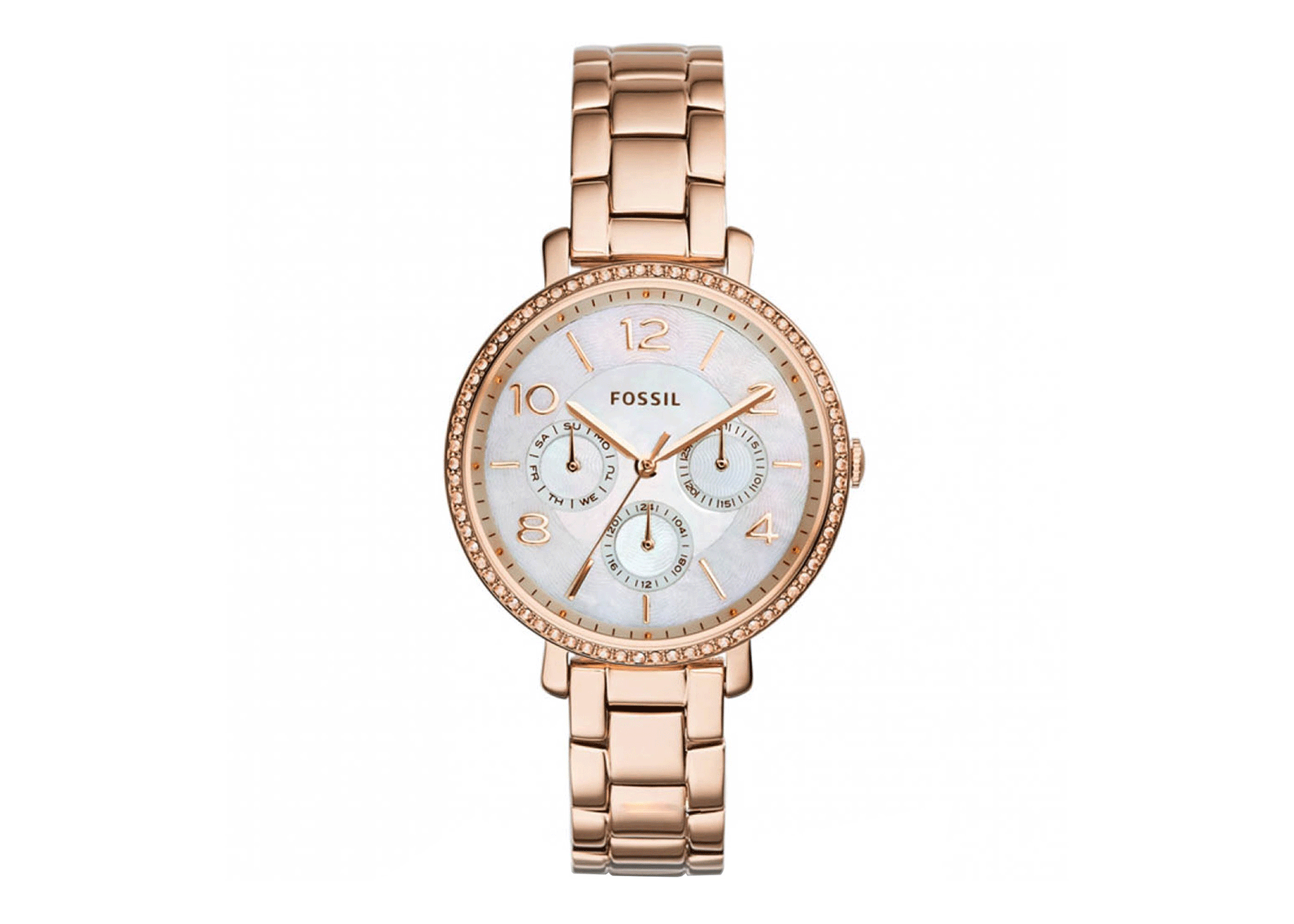 Fossil Jacqueline Multi Function Mother of Pearl Dial Rose Gold Steel Strap Watch for Women - ES3757