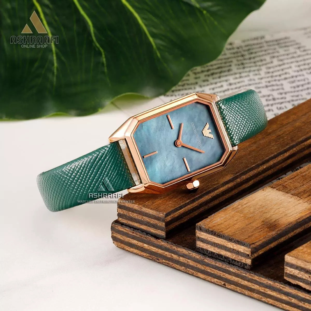 Emporio Armani Gioia Analog Black Mother of Pearl Dial Green Leather Strap Watch For Women - AR11149
