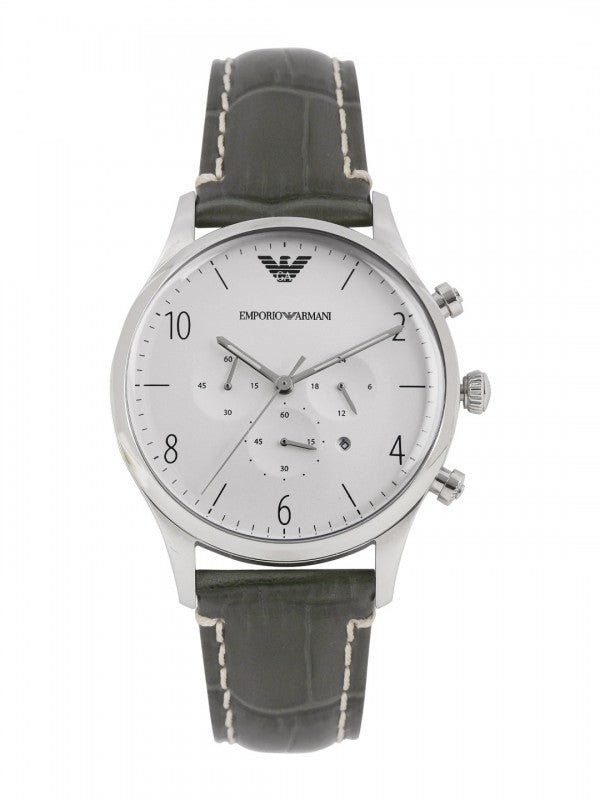 Emporio Armani Classic Chronograph Silver Dial Grey Leather Strap Watch For Men - AR1861