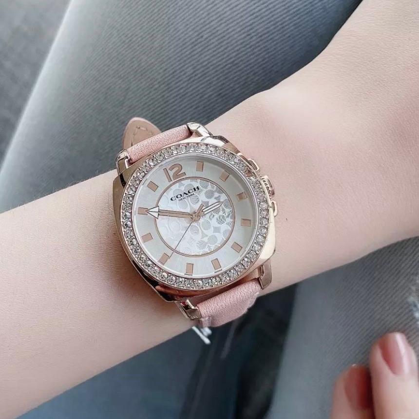 Coach Boyfriend Mother of Pearl White Dial Pink Leather Strap Watch for Women - 14503151