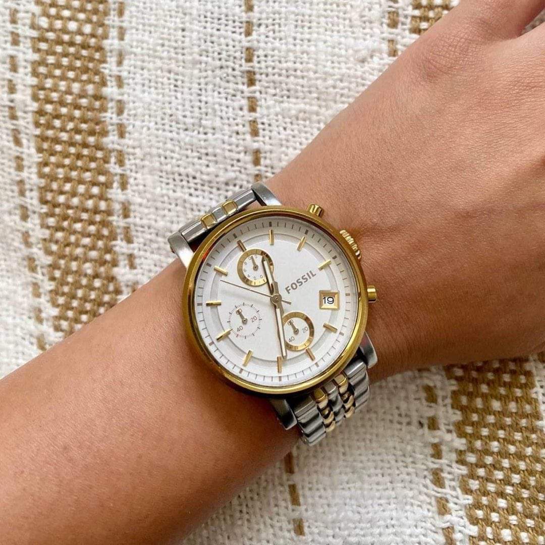 Fossil Original Boyfriend Analog White Dial Two Tone Steel Strap Watch for Women - ES3746
