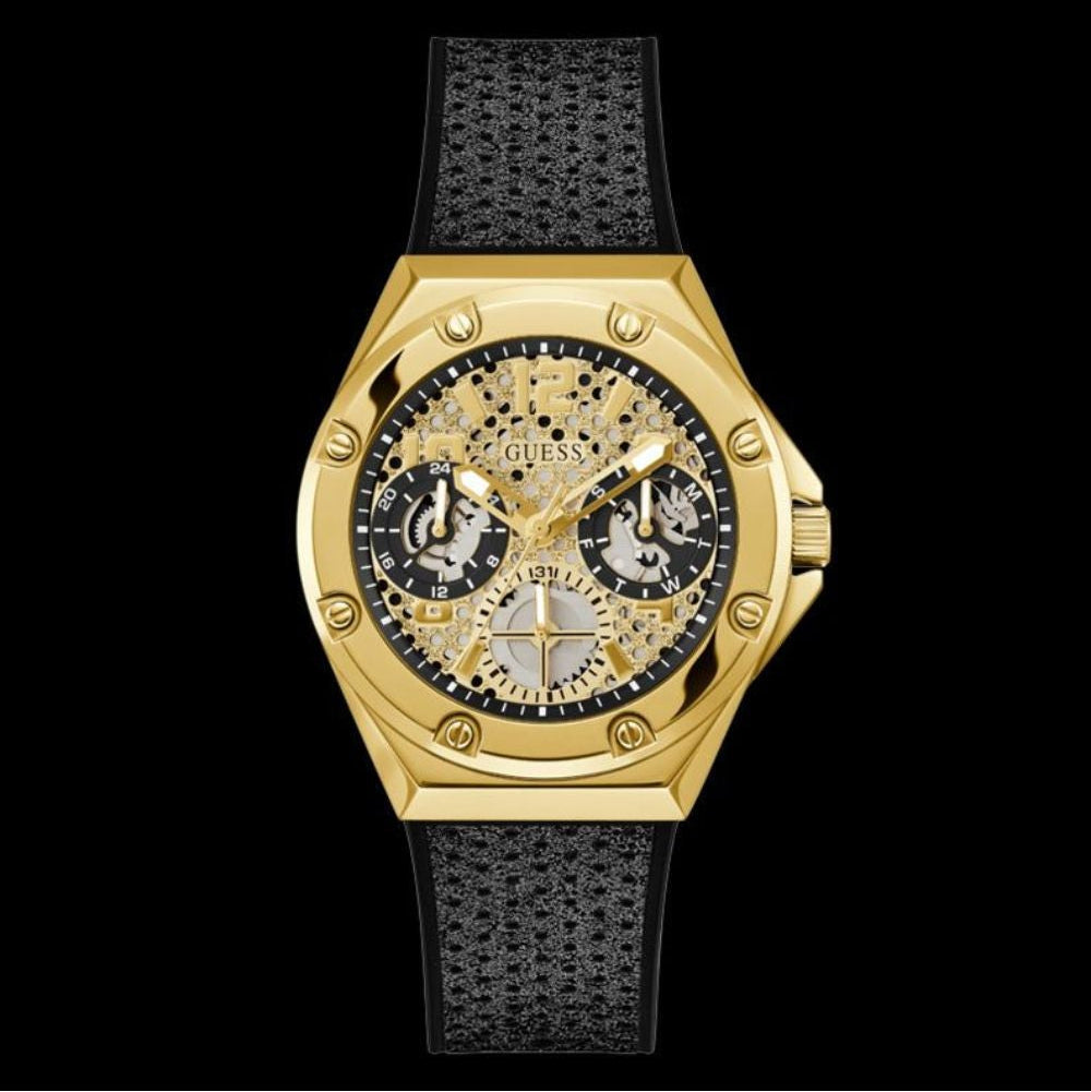 Guess Asteria Multifunction Gold Dial Black Rubber Strap Watch For Women - GW0620L2