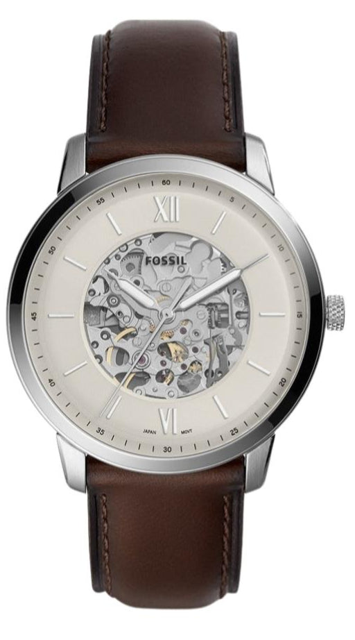 Fossil Neutra Automatic Skeleton White Dial Brown Leather Strap Watch for Men - ME3184
