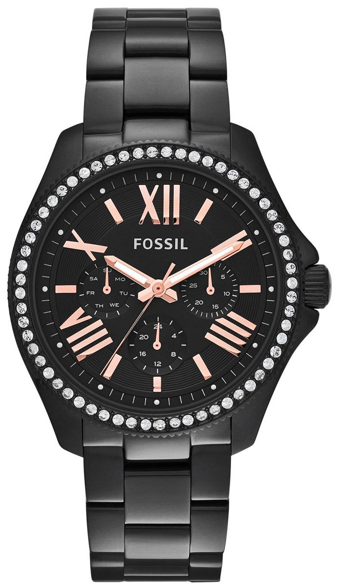 Fossil Cecile Multi Function Crystals Black Dial Black Steel Strap Watch for Women - AM4522