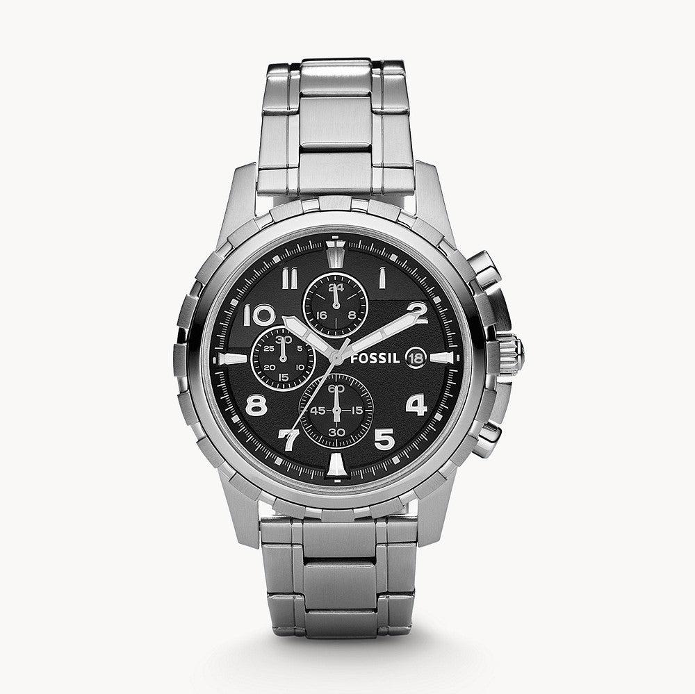Fossil Dean Chronograph Black Dial Silver Steel Strap Watch for Men - FS4542