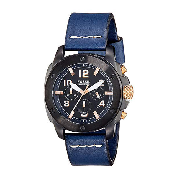 Fossil Modern Machine Chronograph Black Dial Blue Leather Strap Watch for Men - FS5066