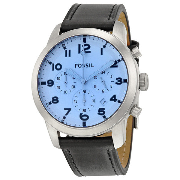 Fossil Pilot Chronograph Sky Blue Dial Black Leather Strap Watch for Men - FS5162