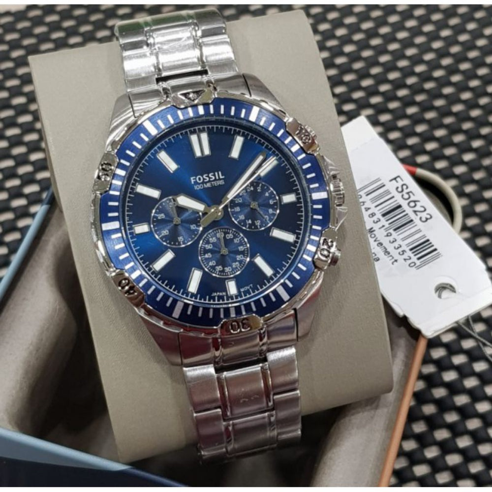 Fossil Garrett Chronograph Blue Dial Silver Steel Strap Watch for Men - FS5623