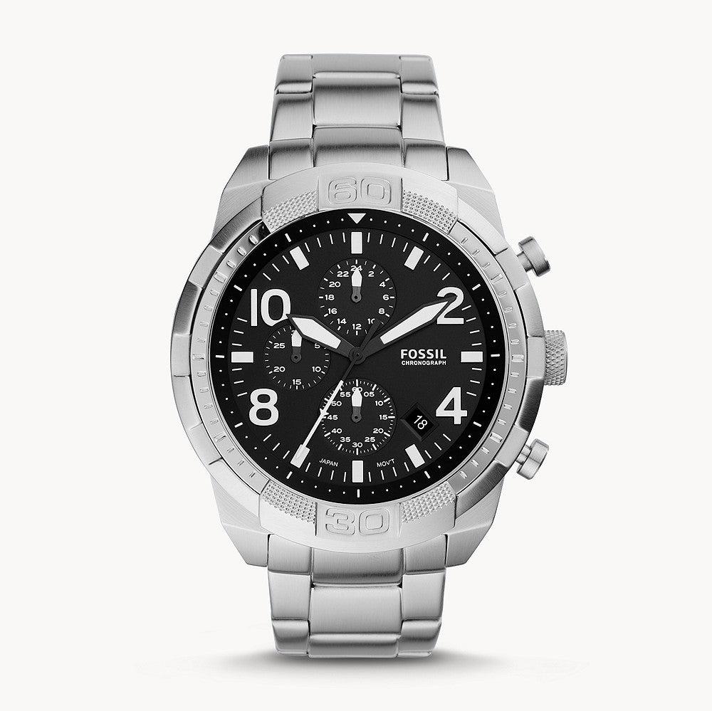 Fossil Bronson Chronograph Black Dial Silver Steel Strap Watch for Men - FS5710