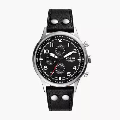 Fossil Retro Pilot Chronograph Black Dial Black Leather Strap Watch for Men - FS5806