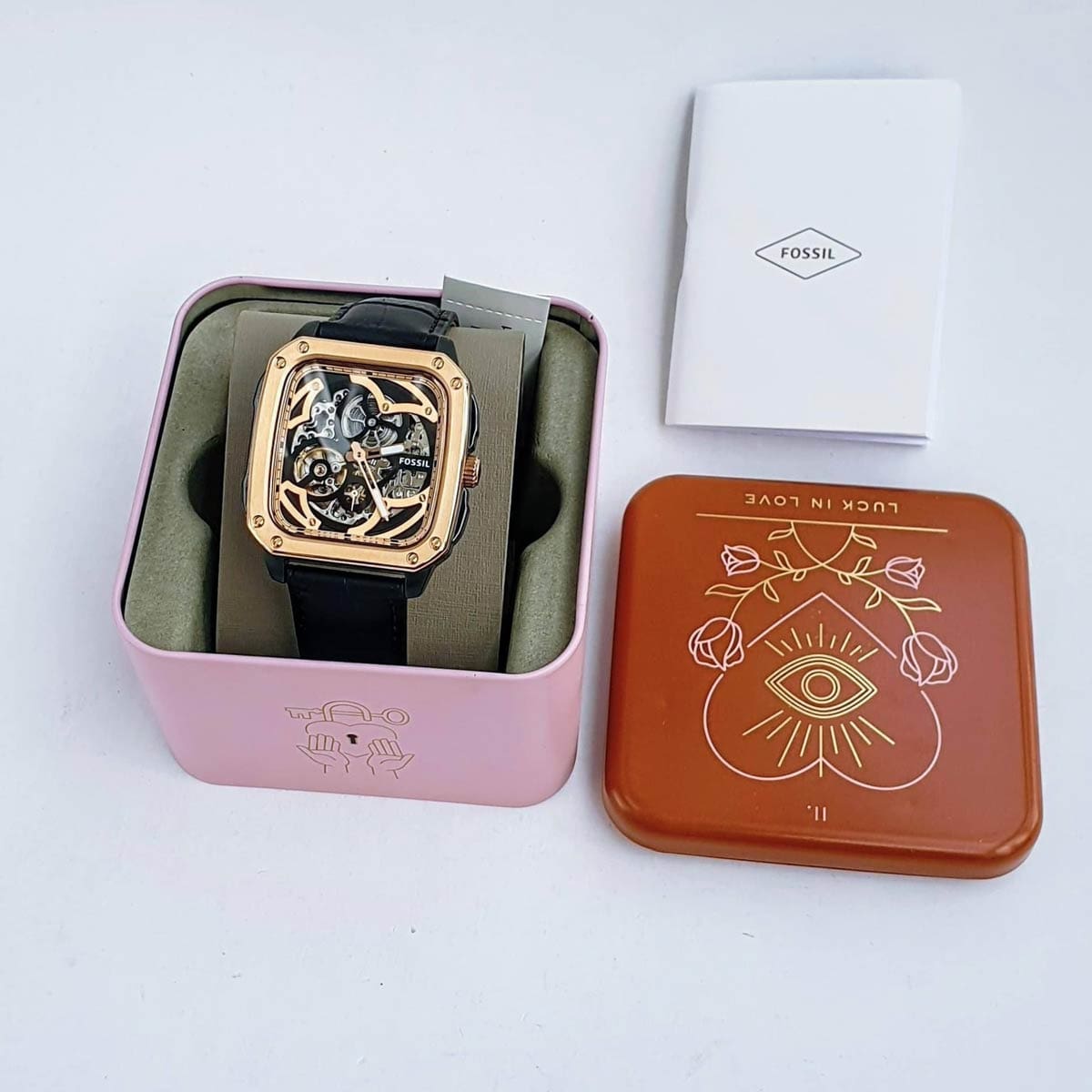Fossil Inscription Automatic Skeleton Rose Gold Dial Black Leather Strap Watch for Men - BQ2572