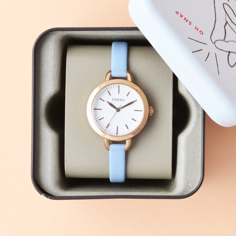 Fossil Classic White Dial Blue Leather Strap Watch for Women - BQ3327