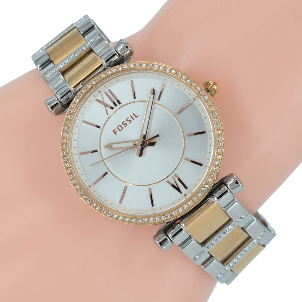 Fossil Carlie Silver Dial Two Tone Steel Strap Watch for Women - ES4342