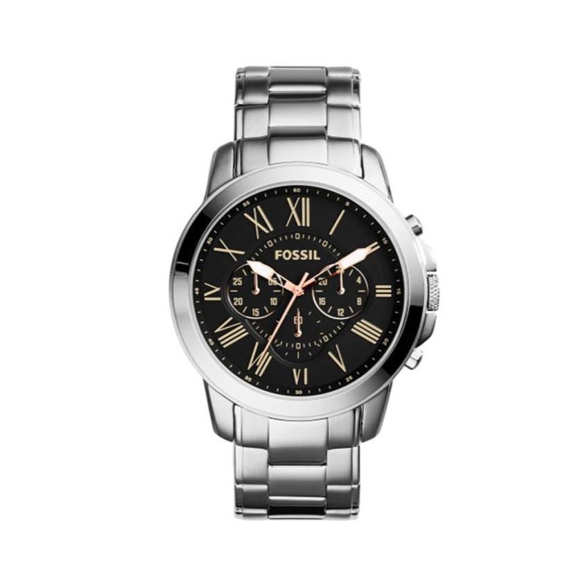 Fossil Grant Chronograph Black Dial Silver Steel Strap Watch for Men - FS4994