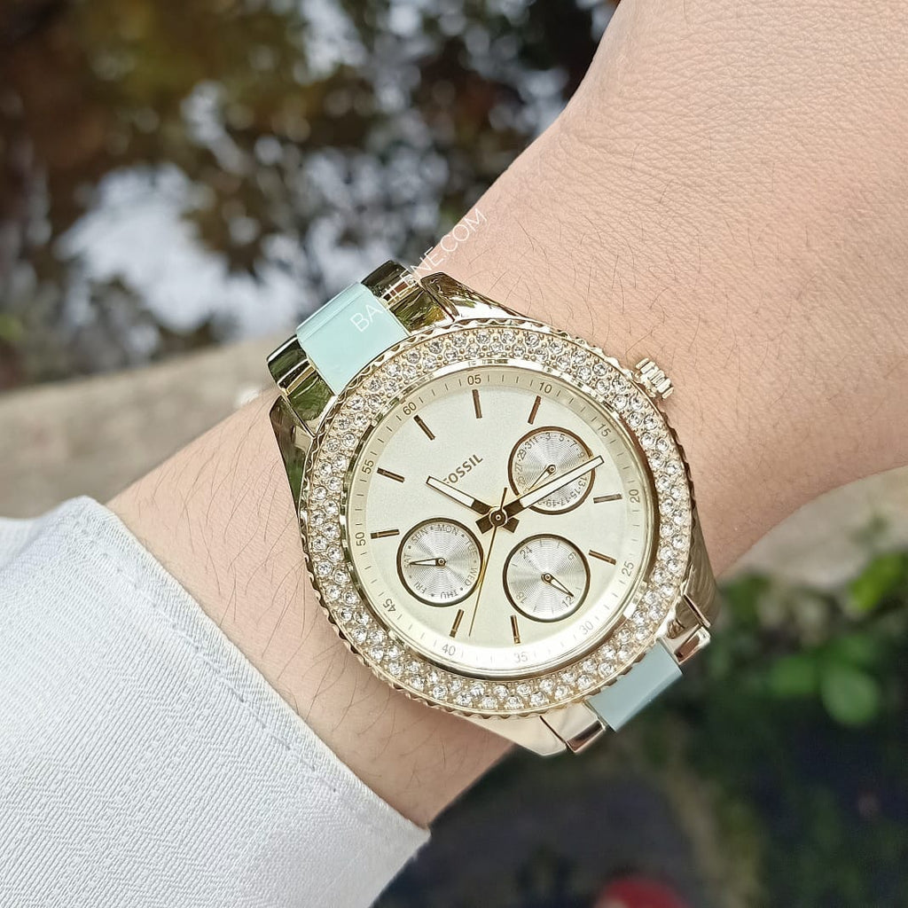 Fossil Stella Multifunction Gold Dial Two Tone Steel Strap Watch for Women - ES4757