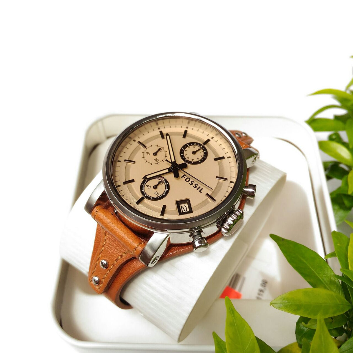Fossil Original Boyfriend Sport Chronograph Beige Dial Brown Leather Strap Watch for Women - ES4046