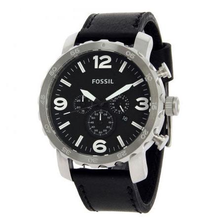Fossil Nate Chronograph Black Dial Black Leather Strap Watch for Men - JR1436