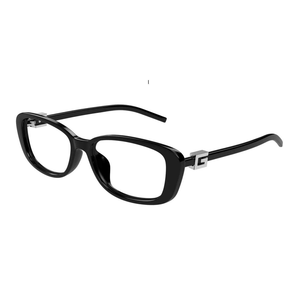 Black rectangular luxury eyeglasses with silver metal temple accents on a white background