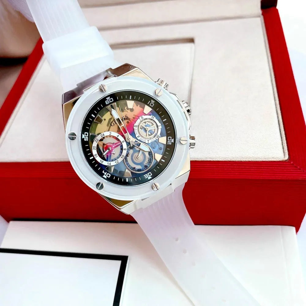 Guess Poseidon Chronograph Rainbow Dial White Silicone Strap Watch For Men - GW0425G4