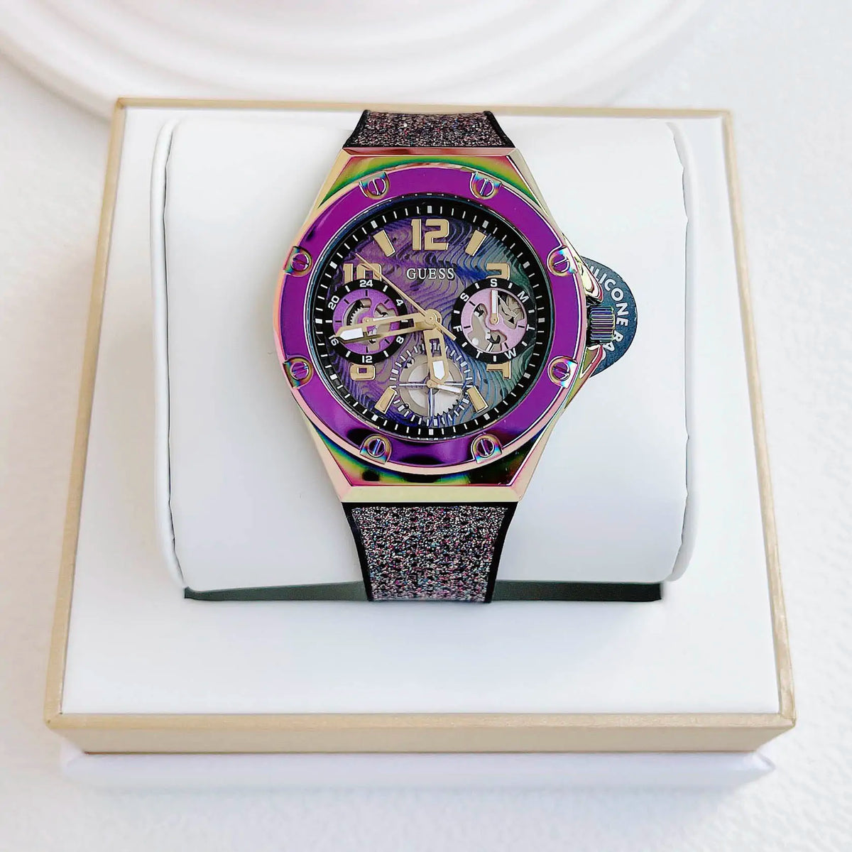 Guess Multifunction Analog Purple Dial Black Rubber Strap Watch For Women - GW0620L4