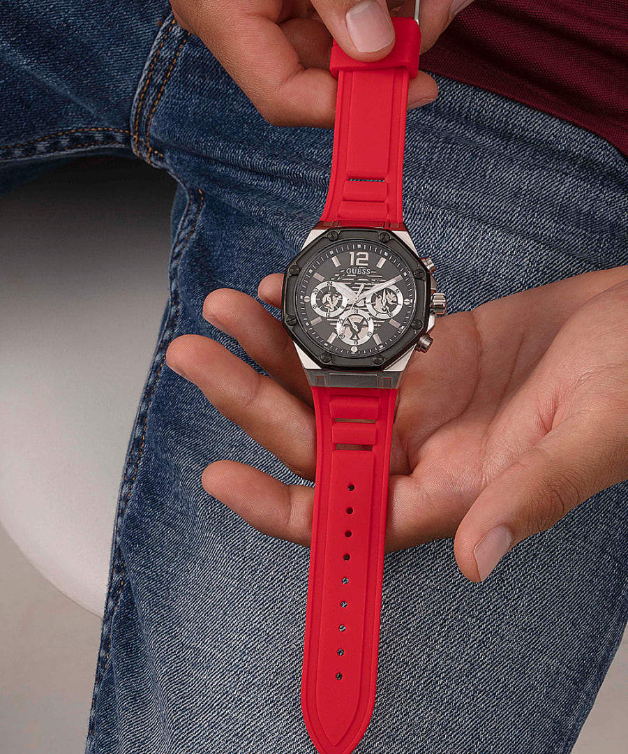 Guess Momentum Black Dial Red Rubber Strap Watch for Men - GW0263G3